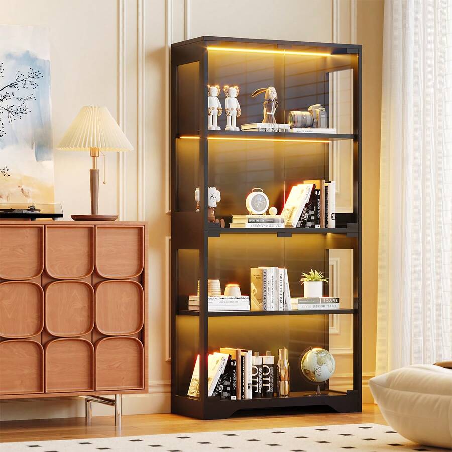 Devoko Glass-Fronted Display Cabinet, Display Case For Collectibles And Decorative Items, Glass Display Case With RGB Lighting Via App & Remote Control, 4-Tier Storage Shelf For Living Room And Study With Push-To-Open Mechanism And Anti-Tip Protection - Black - View 1