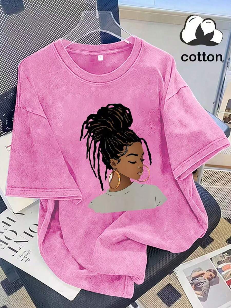 2026 Summer Women's Casual Short Sleeve T-Shirt, Hot Girl Portrait Print, Washed Cotton Crew Neck Tee, 100% Cotton Everyday Wear, Available S-3XL - 紅色 - 查看 1