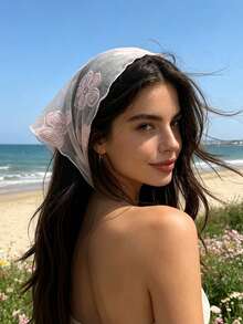 1 pieza Pañuelo triangular de malla transparente estilo francés romántico con bordado floral color macaron dopamina, accesorio versátil para el cabello de mujer estilo calle dulce para vacaciones en la playa - Multicolor - Ver 9