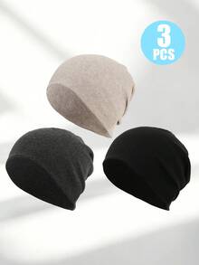 3PCS Autumn/Winter Solid Color Knitted Beanie Hat, Simple Basic Style Slouchy Hat, Breathable Knitted Headscarf Hat For Daily Commute, Cycling - 3Pcs - View 3