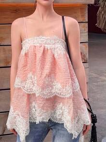 Pink Crinkle Spaghetti Strap Cami, Eyelash Floral Lace Tiered Asymmetric Hem Babydoll Top For Beach Holiday Brunch Daily Wear, Pink Tops Summer - Watermelon Pink - View 3