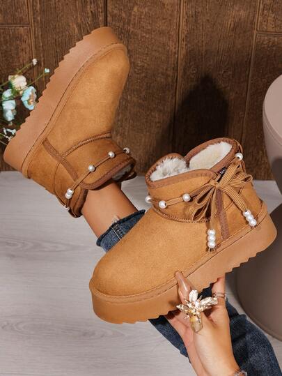 Women's Pearl Drawstring Bow Thick Sole Slouchy Short Snow Boots, Soft Sweet Style, Commuting, Dating, Outdoor Shopping, Deep Winter, Premium Fabric, Anti-Slip, Wear-Resistant, Thermal Lined, Warm, Slip-On Ankle Boots