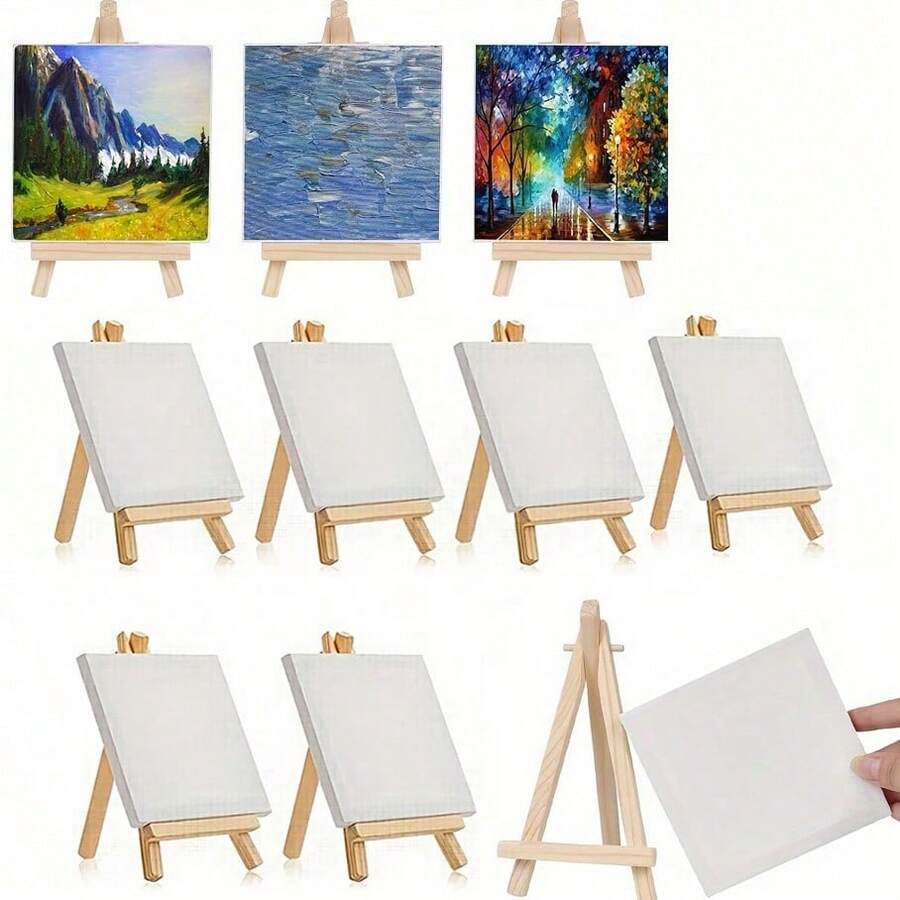 Mini Canvas And Easel Set, Mini Canvas Board, Mini Wooden Easel, Suitable For Painting, Oil Painting And DIY Graffiti, Christmas Gift - White - View 1
