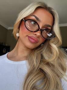 1pc Women's Oval Small Oval Frame Personalized Street Style Concave Transparent Glasses, Summer Study Accessory, Women's Eyewear Accessory - Leopard - View 3