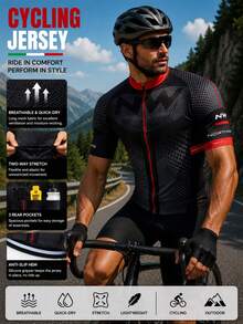 Men's Short Sleeve Cycling Jersey, Summer Mid-Stretch Slim Fit, Breathable Road & Mountain Bike Top, Moisture-Wicking Quick-Dry Cycling Gear, 3 Back Pockets - Universal Version, Suitable For Cycling, Off-Road, Motorcycle Touring, Training Wear - Black - View 3