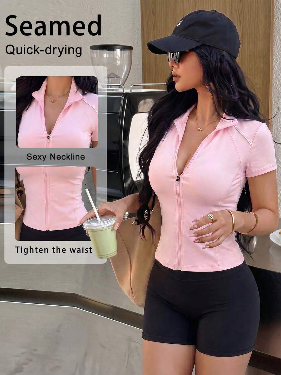Street Style Mixed Match Loose Fit Sports Top, High Neck Zipper Design, Tummy Control Effect, Bringing A Casual And Effortless Fashion Sense. Pink - Pink - View 1