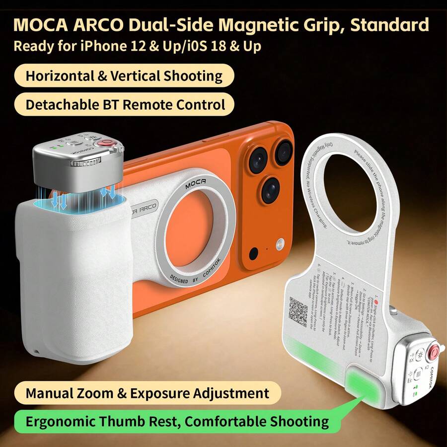 COMITOK MOCA ARCO 磁吸手機相機手柄，相容 iPhone 17 Pro Max，附可拆卸式充電遙控快門，人體工學拇指支撐穩定器，1/4" 螺絲可接腳架，適用 Vlog 影片拍攝與自拍