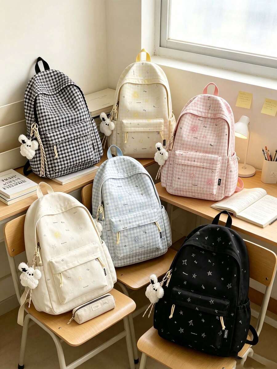 1pc/5pcs Popular Plaid Star Student Backpack, Lightweight Multi-Pocket Design, Suitable For Back To School And Travel, Can Hold Textbooks And Pencil Cases, Thickened Shoulder Straps, No Plush Dog Pendant, Student Daily School Backpack