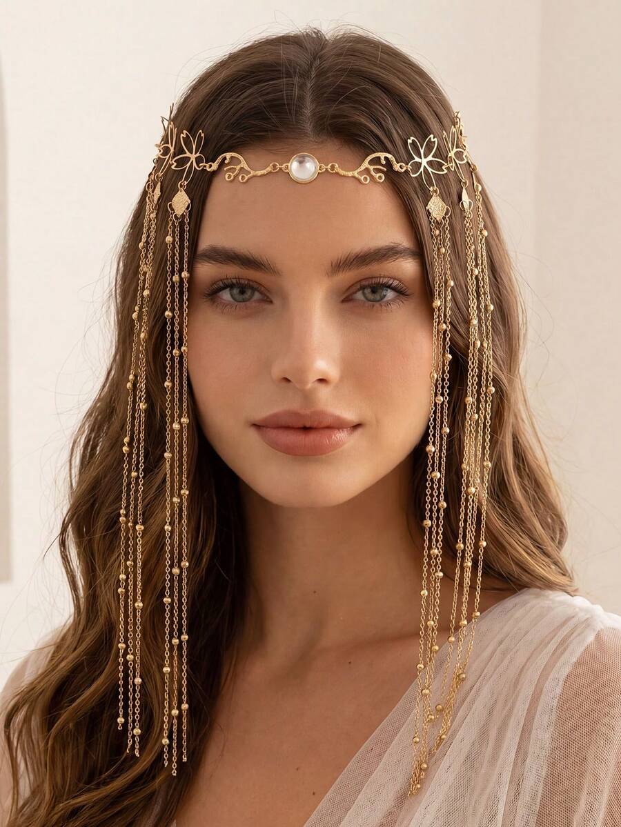 1pc Women's French Elegant Elegant Tassel Floral Decorated Hair Clip With Chain Bow Party Carnival Headpiece Jewelry Hair Accessory, Women's Accessories, Wedding Supplies, Hair Accessories, Bridal Accessories, Suitable For Daily Wear, Vacation, Party, Gathering Decoration And Matching - Multicolor - View 1