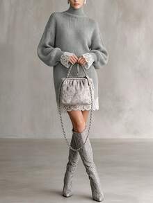 Gaun Rajut Patchwork Renda Leher Tinggi Wanita, Gaun Rajut Pendek Slim Fit untuk Musim Gugur/Dingin, Cocok untuk Kencan dan Belanja - Light Grey - View 8