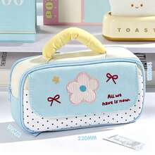 1pc Embroidery Flower Bow Handheld Pencil Case, Polka Dot Splicing Large Capacity Multi-Layer Pen Bag With Handle, Sweet "All We Have Is Now" Letter Print Zipper Stationery Storage Pouch, Portable Student School Supplies Organizer, Back To School - Pencil Case - View 9