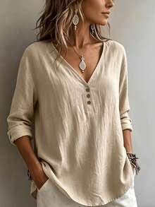 Women's Elegant Long Sleeve Button-Up Shirt, Regular Fit Solid Color Top, Suitable For Spring And Autumn, Casual Vacation Style Regular Hem Top - Khaki - View 4