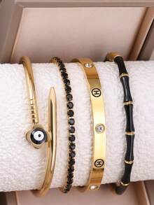 4pcs/1pc Stackable Gold Tone Bracelet Set, Evil Eye Open Bangle, Tennis Chain, Spiral Pattern Stainless Steel Bangle Bamboo Bead Br - Yellow Gold - View 7
