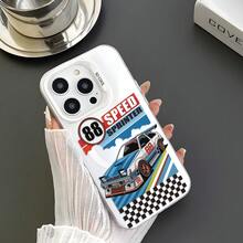 HANCAI 1pc White Frame Transparent Back 88 Blue & White SPRINTER Racing Car Black & White Checkered Flag Full Coverage Shockproof Phone Case, American Retro SPEED Racing Car Ins Cool Style Versatile Transparent Soft Shell For Men, Compatible With IPhone17/17Pro/17ProMax/16/11/16Plus/16ProMax/16e/15ProMax/13/14/12/14ProMax/12ProMax/13ProMax/12Pro/13Pro/14Pro - White Frame, Matte White (with Magnetic Closure) - View 2