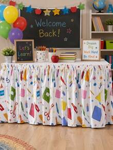 1pc Back To School Classroom Table Skirt, Colorful Crayon Scissors Glue Notebook Star Stationery Print Pleated Tablecloth, Hook And Loop Wrinkle-Resistant Washable, Teacher Desk Handmade Market Education School Event Display Table Decor - Multicolor - View 3