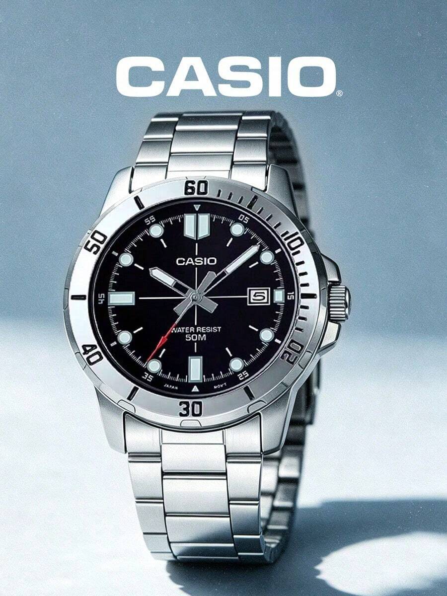 Jam Tangan Pria Casio Quartz Stainless Steel, Dial Hitam, Tahan Air 50m, Jam Tangan Kasual dengan Tampilan Tanggal MTP-VD01D-1E - Hitam - View 1