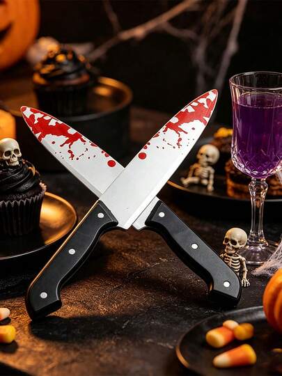 2/1pc 12-Inch Bloody Plastic Prop Knife, Horror Style, Red Standard Knife Shape With Prank Details, DIY Horror Decoration Costume Party Horror Role Play Prop Gift, Suitable For Stage Performance, Cosplay, Halloween Party And Horror Events - [Halloween Prop Knife, Prank Fake Knife] (Image And Actual Product May Have Slight Differences In Bloodstain Distribution)