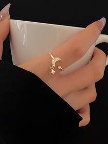 1pc Minimalist Fresh Moon & Star Open Adjustable Ring – Copper Set CZ, Geometric Unique, Daily/Gift/Party, Statement Holiday Jewellery - Gold - View 5