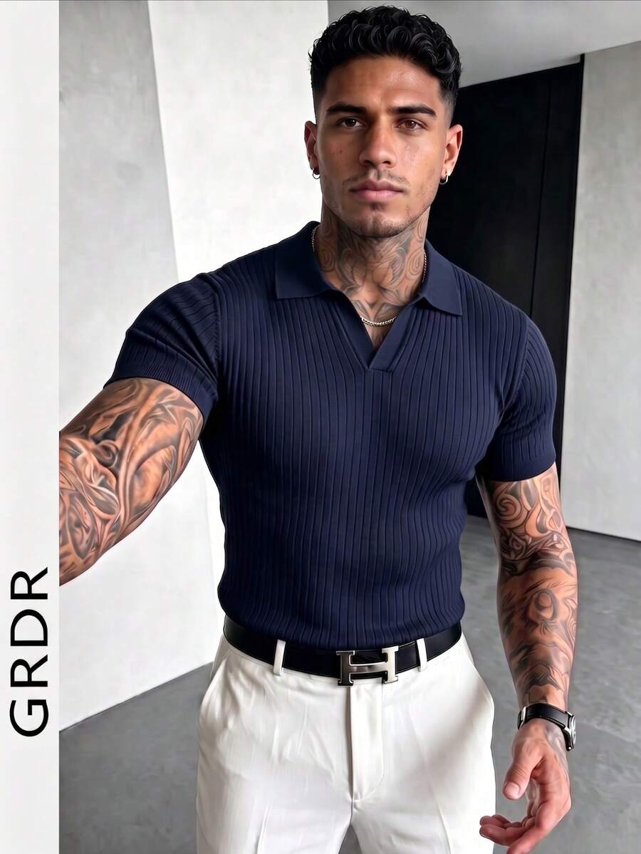 GRDR 男士夏季针织Polo衫，纯色短袖针织领，适合夏季外出穿着，时尚穿搭必备单品