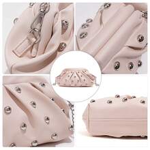 Vintage-Style Pleated Clutch With Rivet Decoration, Ruffled, Cloud-Patterned Beach Bag For Women, Fashionable Clutch Handbag With Chain Strap - 粉色 - 查看 7