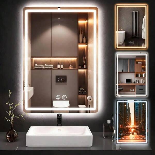 Espejo rectangular de pared 70x50 cm con luz LED táctil antivaho, tres tonos lumínicos resistente a salpicaduras ahorrador de energía para baño, vestidor, tocador, dormitorio y salón