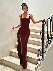 1pc Solid Color Elegant Casual Sexy Party Knit Fabric Asymmetric Dress Formal Evening Wear Autumn - Burgundy - View 3