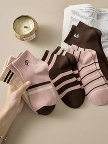 5 Pairs Women's Maillard Color Striped Short Socks, Seamless Retro Colorblock Short Socks, Suitable For Casual Daily Wear - Multicolor - View 7