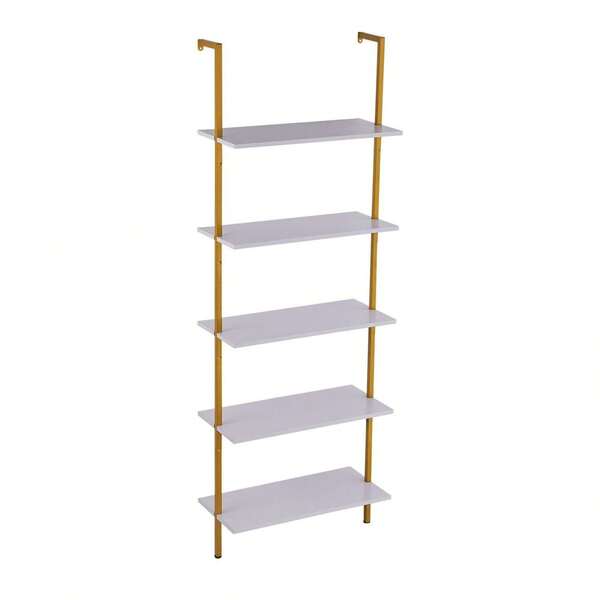 Ladder Shelf 5 Tier, 24x11.8in Metal Bookshelf, Wall Mounted Open Shelves For Kitchen, Bedroom, Living Room - Gold & White