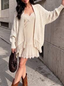 Women's Apricot Knit Cardigan, Open Front Sweater With Delicate Openwork Lace Pattern, Fringe Hem And Ribbed Cuffs, Suitable For Tea Parties - Apricot - View 3