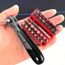 Set Obeng Ratchet Mini 11pcs 34pcs, Obeng Ratchet Sudut Kanan 1/4", Mata Bor Kunci Ratchet Kecil 36 Gigi, Cocok untuk Ruang Sempit, dengan Slot, Torx, Hex, Persegi, dan Batang Ekstensi - A - View 2