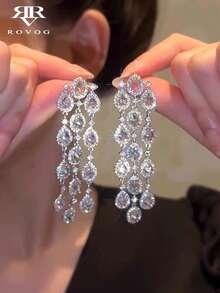 1 Pair Elegant Cubic Zirconia Long Tassel Teardrop Earrings For Women, Suitable For Wedding And Party - Silver - View 2