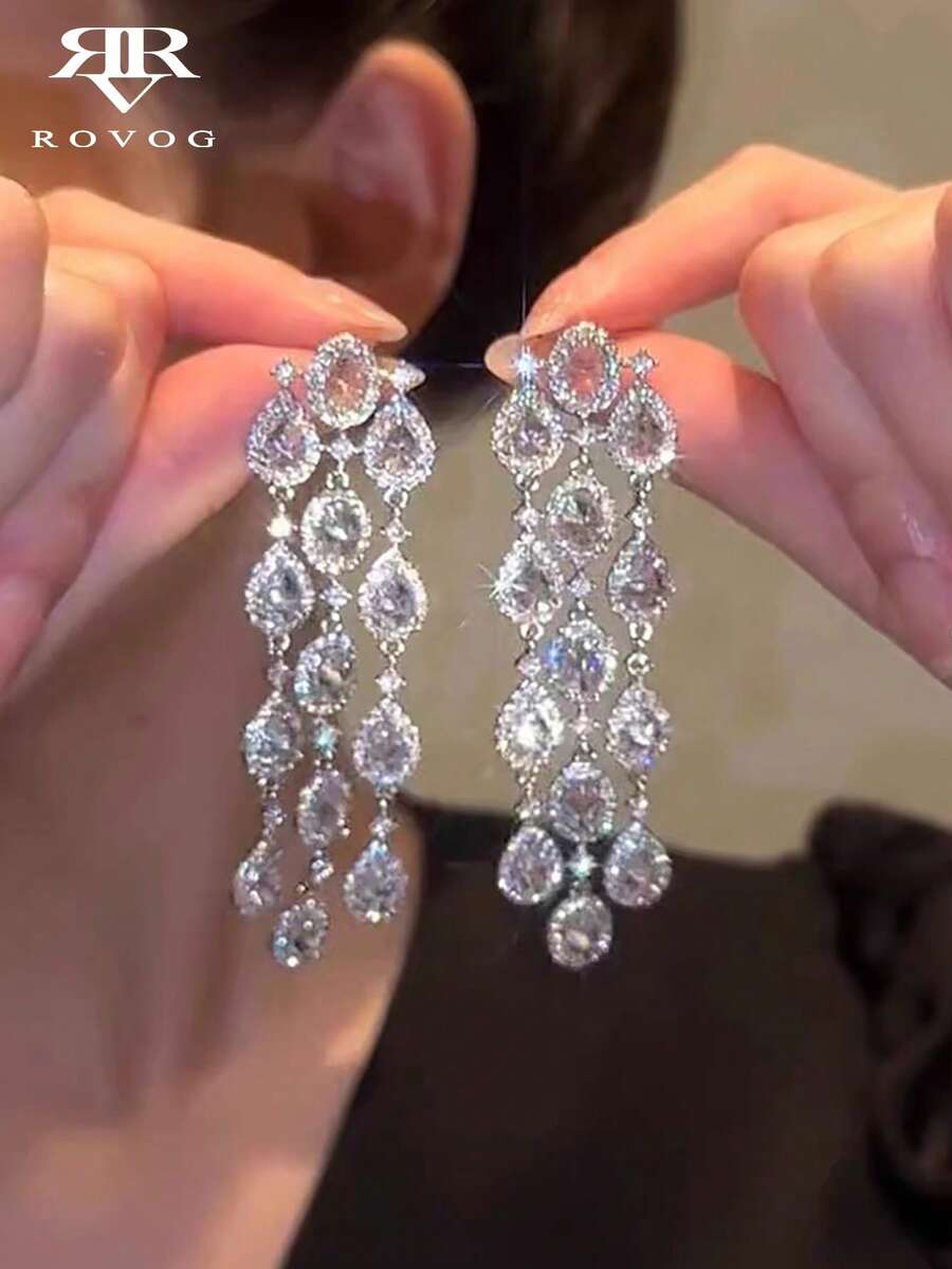 1 Pair Elegant Cubic Zirconia Long Tassel Teardrop Earrings For Women, Suitable For Wedding And Party