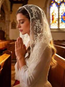 1pc Lace Floral Trim Wedding Veil Scarf Triangular Scarf, Fashionable Lace Trim Breathable Church Headscarf - Cross - View 9