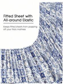 1pc Blue & White Bohemian Exquisite Pattern Fitted Sheet, Mattress Protector, Mattress Cover, Fitted Sheet, Soft & Breathable, -Twin, Full, Queen, King, Deep Pocket Design Up To 11.8 Inches, Machine Washable. Back To School Season, Dorm Essentials - Blue and White - View 5
