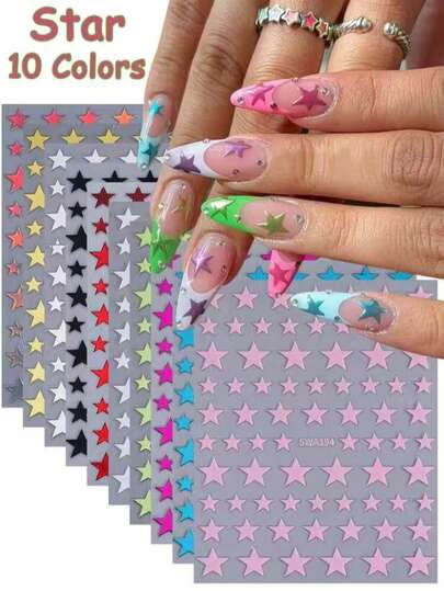 10Pcs Colorful Metallic Star Nail Stickers, Metallic Star Themed Nail Decals, Green Blue Pink Purple Black Gold Star Design, Nail Art Decorations DIY Self-Adhesive Stickers Accessories For Women