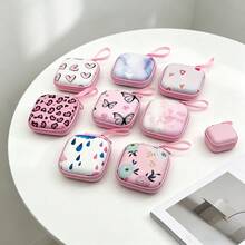 2pcs/Set Pastel Print Mini Data Cable & Earphone Storage Bag With Cat Paw Cable Organizer, Hard Shell Anti-Collision Interior With Mesh Divider, Stores Earphones, Data Cables, Chargers And Other Digital Accessories, Comes With Hanging Strap For Backpack, Convenient For School And Travel - Multicolor - View 8