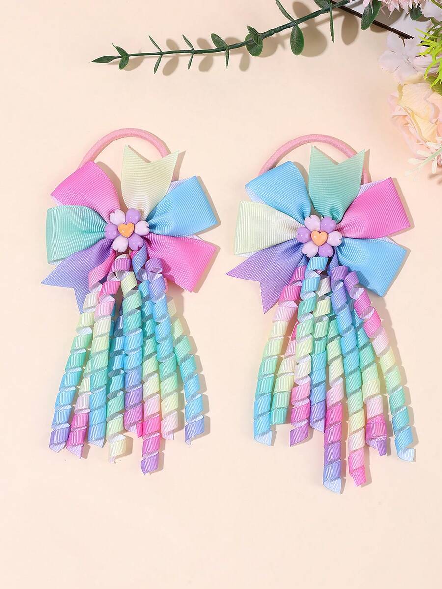 2pcs/Set Gradient Tassel Bow Elastic Headbands, Gradient Color Hairbands, Suitable For First Day Of School Party, Hair Accessories, School Supplies, Teacher Gifts - Multicolor - View 1