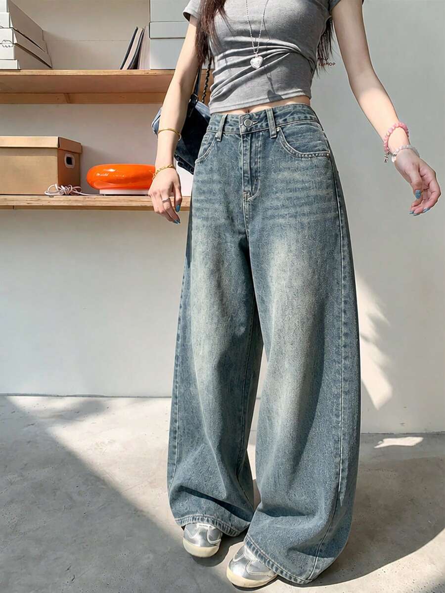 女款口袋寬鬆寬腿休閒牛仔褲 春秋款