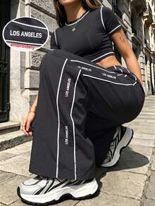 Women's American Street Style Embroidered Letter Casual Sports Pants With Side Stripes, Drawstring Waist And Straight Leg - Black - View 2