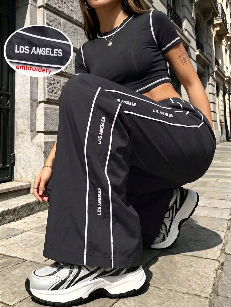 American Street Style Embroidered Letter Women's Casual Long Pants, Drawstring Elastic Waist Straight Leg Athletic Pants - Black - View 1