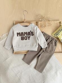2Pcs/Set Baby Boy Towel Embroidered Round Neck Sweatshirt & Casual Long Pants Set, Spring/Autumn Baby Boy Clothing - Apricot - View 9