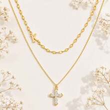 2件組新款時尚十字 A-Z 字母女款項鍊，極簡不鏽鋼 O 型鏈條項鍊 - 金黃色 - 查看 3
