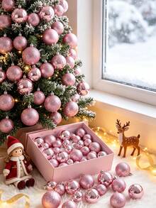 44pcs Pink Christmas Ball Ornament Set With Hanging Rope And Pink Bows, Suitable For Christmas Tree, Holiday, Wedding Party, Home Decor, Shatterproof Shiny Holiday Hanging Decorations - Pink - View 4