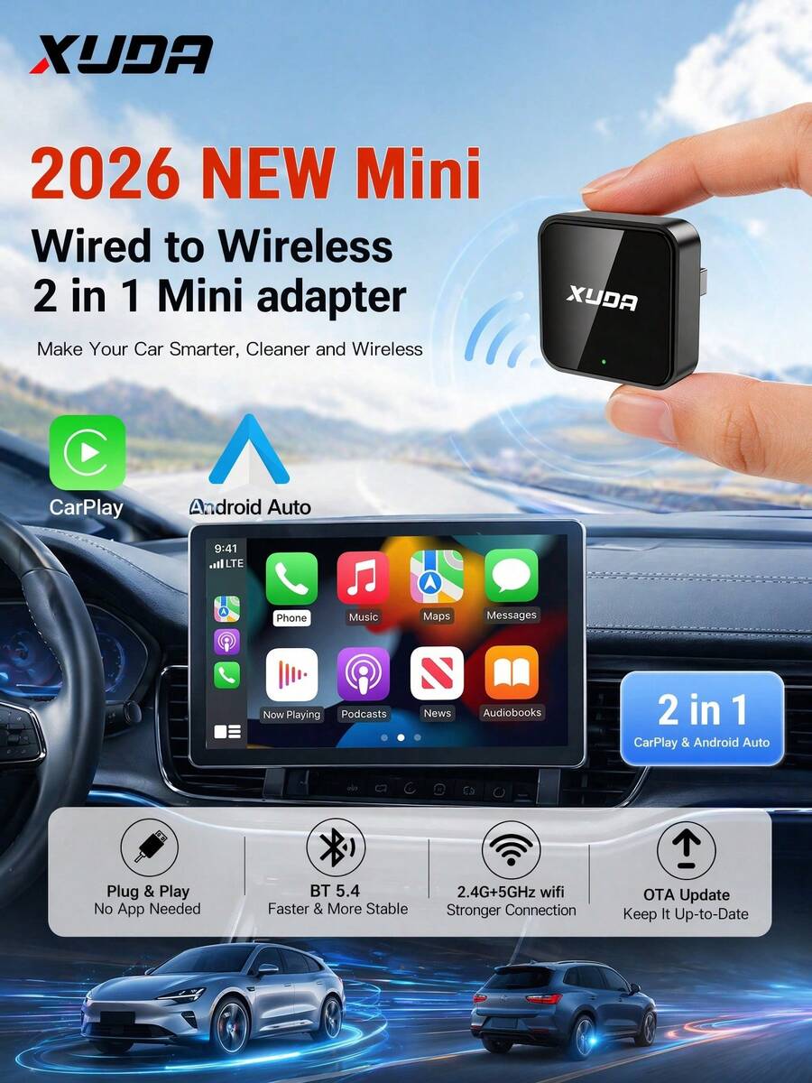XUDA 2026 新款 2-in-1 無線 CarPlay / Android Auto 超迷你轉接器,2.4-5.0 GHz WiFi6 車載轉換器,有線轉無線,快速自動連接智能盒,無延遲,緊湊設計,時尚便攜,小巧精緻,附 USB/USB-C 接口,免電池 - D - 查看 1