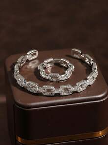 rakol 2pcs Elegant Cubic Zirconia Decorated Chain Bracelet And Ring Set - Silver - View 13