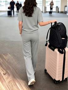 女款休閒兩件套，圓領T恤搭配微彈長褲，舒適居家服套裝，附口袋，夏季優雅 - 淺灰色 - 查看 5
