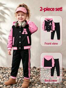 2pcs/Set Girls Casual School Style Star & Letter Print Colorblock Long Sleeve Hooded Jacket And Pants Set, Lightweight Fabric Suitable For Spring & Autumn - Multicolor - View 2
