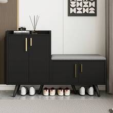 Modern Shoe Bench With Wood Grain, Storage Cabinet, Four Storage Doors, Asymmetric Metal Handles, - 黑胡桃木 - 查看 1