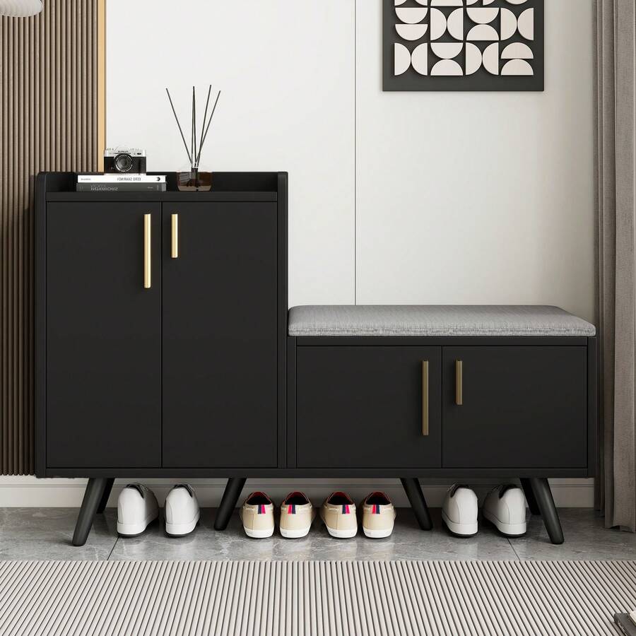 Modern Shoe Bench With Wood Grain, Storage Cabinet, Four Storage Doors, Asymmetric Metal Handles, - 黑胡桃木 - 查看 1
