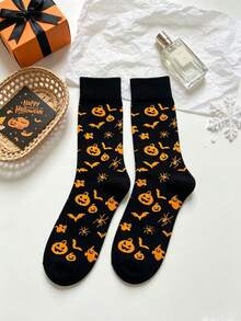 1 Pair Black Base Orange Pattern Halloween All-Over Print Mid-Calf Socks, Pumpkin Bat Spider Goblin Fun Print Party Atmosphere Unisex Slouch Socks - Multicolor - View 12